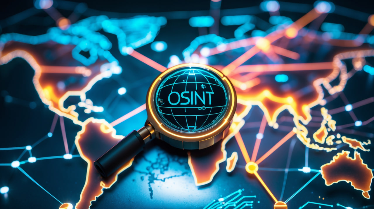 Инфографика, показывающая, OSINT с чего начать: на темном фоне изображен граф связей, соединяющий иконки соцсетей, серверов и людей.